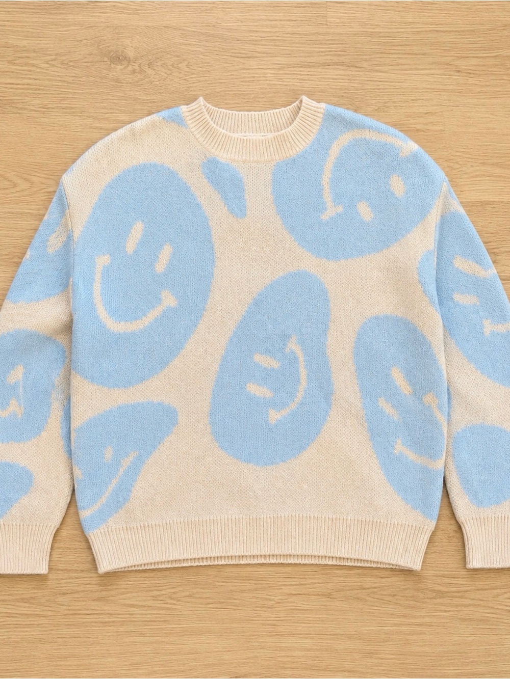 Altar'd State Beige Crewneck Sweater with Light Blue Smiley Pattern